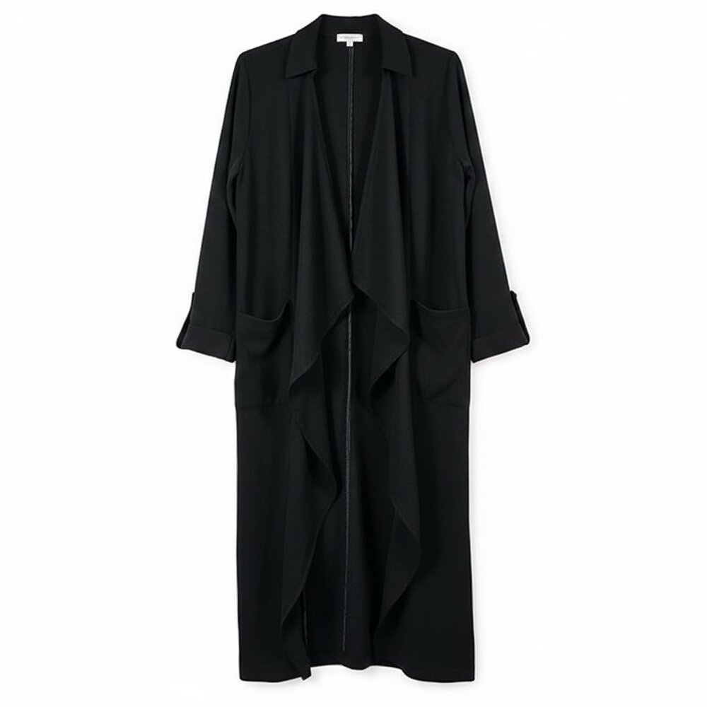 LUSH Black Waterfall Duster Coat Roll Tab Sleeve Open Cascading Collar Trench S
